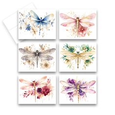 four watercolor dragonflys are shown in different colors and sizes, each with an insect