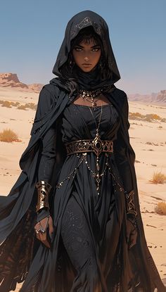 a woman dressed in black walking through the desert