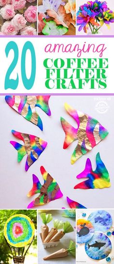 collage of colorful paper flowers with text overlay reading 20 amazing coffee filter crafts