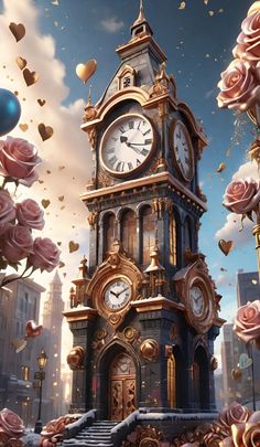 a clock tower surrounded by pink roses and confetti in the air with hearts flying around it