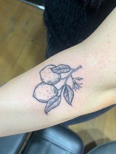 a black and white tattoo on the arm of a woman's left arm with two apples