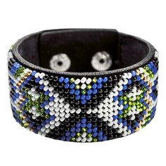 a black leather bracelet with multicolored beads and silver studs on the clasp