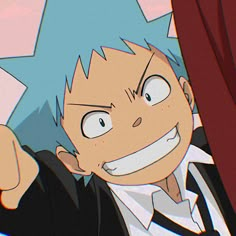 an anime character with blue hair and white eyes holding his fist up in the air