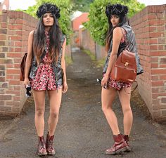 Missguided Floral Ditsy Playsuit, Faux Leather Gilet, Rock N Rose Floral Crown, Vintage Leather Rucksack, Dr. Martens Burgundy Doc Martens, Missguided Floral Sunglasses Boho Rocker Style, College Outfits Cold Weather, Fall Fashion Jeans, College Outfits Spring, Fall College Outfits, Black Hipster, College Outfits Summer, Hipster Looks, Floral Playsuit