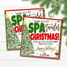 two christmas cards with the words spa holiday on them