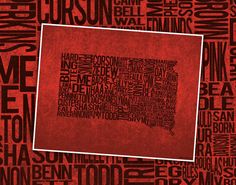 a red poster with words all over it