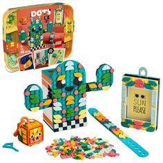 an assortment of toys including a box, scissors and other items to make it look like a toy