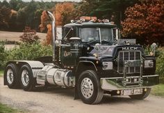 a large semi truck parked on the side of a road in front of some trees