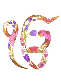 the letter e is decorated with flowers and leaves