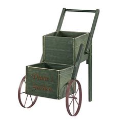 a green wagon with wheels and two boxes on each side that says, happy garden