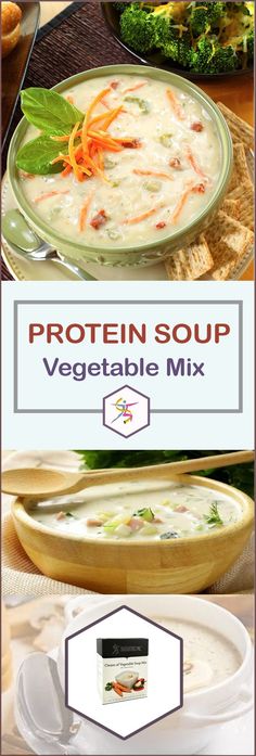 two pictures with the words protein soup vegetable mix on them