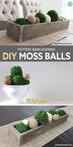 moss balls are placed in a wooden box on top of a table with the words pottery barn inspired diy moss balls