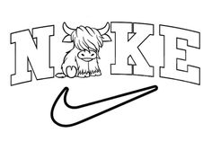 the word nike with a cartoon cow sitting on it's side and the word nike written