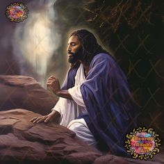 a painting of jesus sitting on a rock with his hands clasped to the ground and looking up