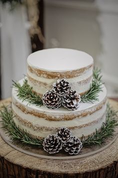 a three tiered cake with pine cones on top