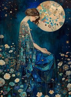 a painting of a woman sitting on a chair in the middle of flowers with a full moon behind her