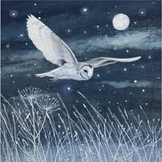 an owl is flying in the night sky above some tall grass and snowflakes