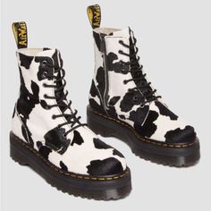 Dr Martens Jadon Cow Print Hair On Boots Size 10 (Ladies) 9 (Men). Heel Height: 1 3/4” Condition: New With Tags Fabric: Calf Hair, Leather, Rubber L13-023 Cow Print Doc Martens, 2976 Platform Chelsea Boots, Cow Print Boots, Ankle Combat Boots, Dr Martens Jadon, Black Moto Boots, Shoes Dr Martens, Dr Martens Womens, Print Boots