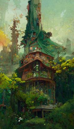 a painting of a house in the middle of a forest with lots of trees around it