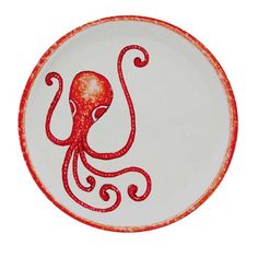 an orange and white plate with an octopus on it