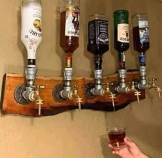 a person holding a glass in front of a wall mounted beer rack with five different types of beers on it