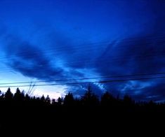 the sky is blue and there are power lines in the foreground with trees on the far side