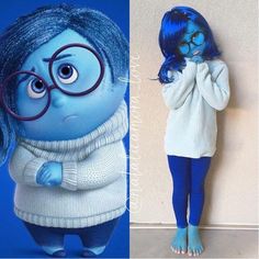 an image of a woman with blue hair and glasses in the same photo as a cartoon character