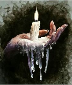 a painting of a hand holding a lit candle with icicles hanging from it's sides