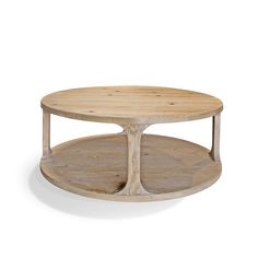 a round wooden table with two shelves on the bottom and one shelf holding a coffee table