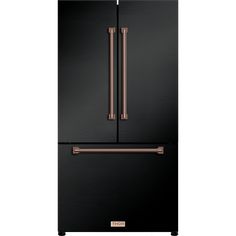 a black refrigerator freezer with copper handles and two doors on the bottom, in front of a white background