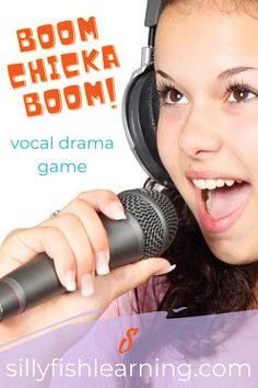 a woman singing into a microphone with the words boom chicka boom in front of her