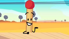 a cartoon character with a red ball on his head is standing next to a pole