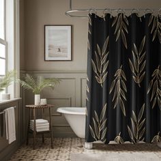 a black and gold shower curtain in a bathroom