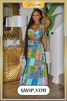 Patchwork Plaid Crop Top Maxi Skirt Two Piece Set Long Green Skirt, Crop Skirt, Long Skirt Suits, Maxi Skirt Crop Top, Bandage Top, Crop Top Skirt Set, Plaid Crop Top, 2 Piece Sets, Strap Crop Top