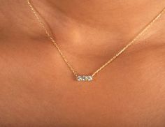 "✦ Trio Diamond Necklace ✦ Our 14K Solid Gold Trio Stone Diamond Necklace is handcrafted with an elegant and timeless design. The trio stone design is a classic and never goes out of style. Specifications ------------------------------------------ 📅 Made to order, 3-5 business days 🛫 Free Fast Shipping * Metal: 14k Yellow Gold / 14k White Gold / 14k Rose Gold * Chain width: 1.00mm * Chain length: 14-16\", 16-18\", 18-20\" * Outer diameter: 11.10mm X 3.50mm pendant * Diamonds: 3 X 2.50mm (0.18c Luxury Three Stone Minimalist Jewelry, Luxury Three Stone Diamond Necklace For Anniversary, Delicate 14k Gold Necklace With Prong Setting, 14k Gold Brilliant Cut Diamond Necklace For Anniversary, 14k Gold Diamond Necklace With Accents For Anniversary, Dainty Diamond Necklace With Single Cut Diamonds For Anniversary, Dainty Diamond Necklace With Accents For Anniversary, Delicate Yellow Gold Diamond Necklace With Prong Setting, Dainty Diamond Birthstone Necklace For Anniversary