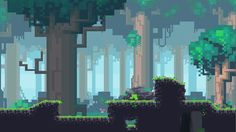 an image of a forest with trees and bushes in pixel art style, which is very low to the ground