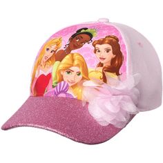 With an eye-catching glitter tulle pom on the peak, this beautiful baseball cap is a surefire way to bring out your little girls inner princess. Featuring four adventurous princesses, Rapunzel, Ariel Cinderella and Belle, and a shiny glittery brim, this hat is an eye-catching addition to any princess' wardrobe. Designed for little girls aged 4-7, this one-size cap features easy-to-use Velcro closure for an adjustable fit. The durable, easy-care cotton twill fabric provides breathable comfort and Girls Baseball, Girl Baseball Cap, Disney Toddler, Baseball Girls, Pink Color Schemes, Disney Favorites, Disney Frozen Elsa, Princess Girl, Frozen Disney