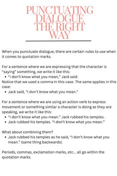 dialogue punctuation guide for speech in novels and books Dialogue Writing Worksheets, Dialogue Punctuation, Character Sheet Writing, Plot Ideas, Character Writing, Author Tips, Writer Tips, Writing Book