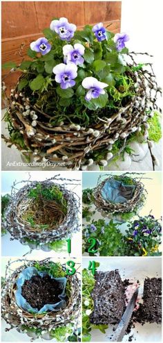 the steps to make a bird's nest with flowers