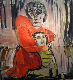 an abstract painting of a man holding a child in his arms with another person standing behind him