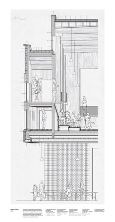 an architectural drawing shows the inside of a building with people in it and on the outside