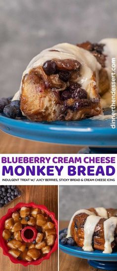 blueberry cream cheese monkey bread on a plate