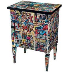 a multicolored chest with comic panels on it