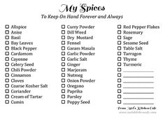 a printable list with the words, my spices to keep on hand forever and always