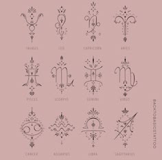 the zodiac symbols are drawn in black ink on a light pink background, with stars and swirls