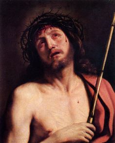 a painting of jesus holding a stick and wearing a crown of thorns on his head