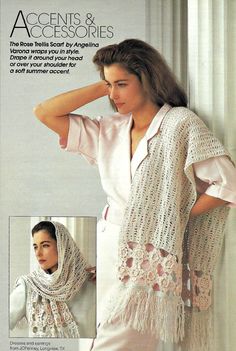 a woman wearing a shawl and scarf in crochet, with the words accents & accessories written on it