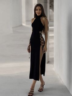 Lasaky - Fashionable and Sexy Bodycon Maxi Dress with Halter Neckline and Double Side Slits Sleeveless Maxi Dress Outfit, Maxi Dress Outfits, Bodycon Maxi Dress, Club Party Dresses, Goth Dress, Women Halter, Bodycon Maxi Dresses, Sleeveless Dress Summer, Stretch Dress