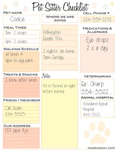 the printable pet sitter checklist is shown in pink, yellow and white