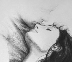 a pencil drawing of a woman kissing a man's head with his eyes closed